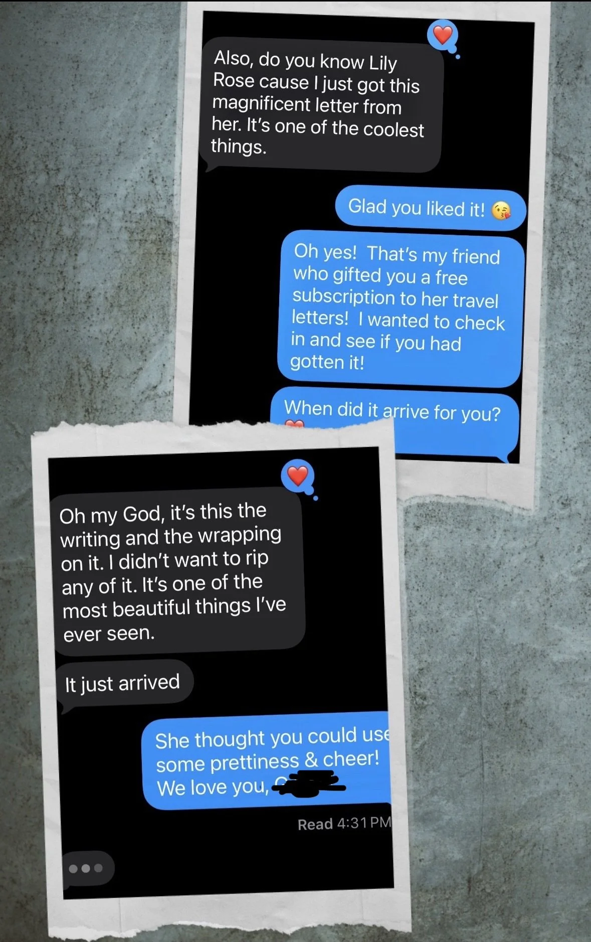 Screenshots of a text message conversation about receiving a letter from Lily Rose and a gift subscription to travel letters, with expressions of excitement and appreciation.