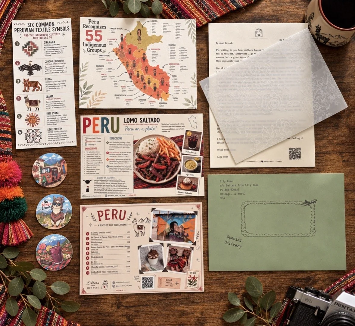 An overhead view of a wooden table with various Peruvian-themed items, including colorful textiles, informational brochures, postcards, round pins, and letters. The brochures showcase Peruvian symbols, a map of Peru, a traditional dish called Lomo Saltado, and a playlist titled "Peru." There is also a vintage camera and a cup with Peruvian artwork.