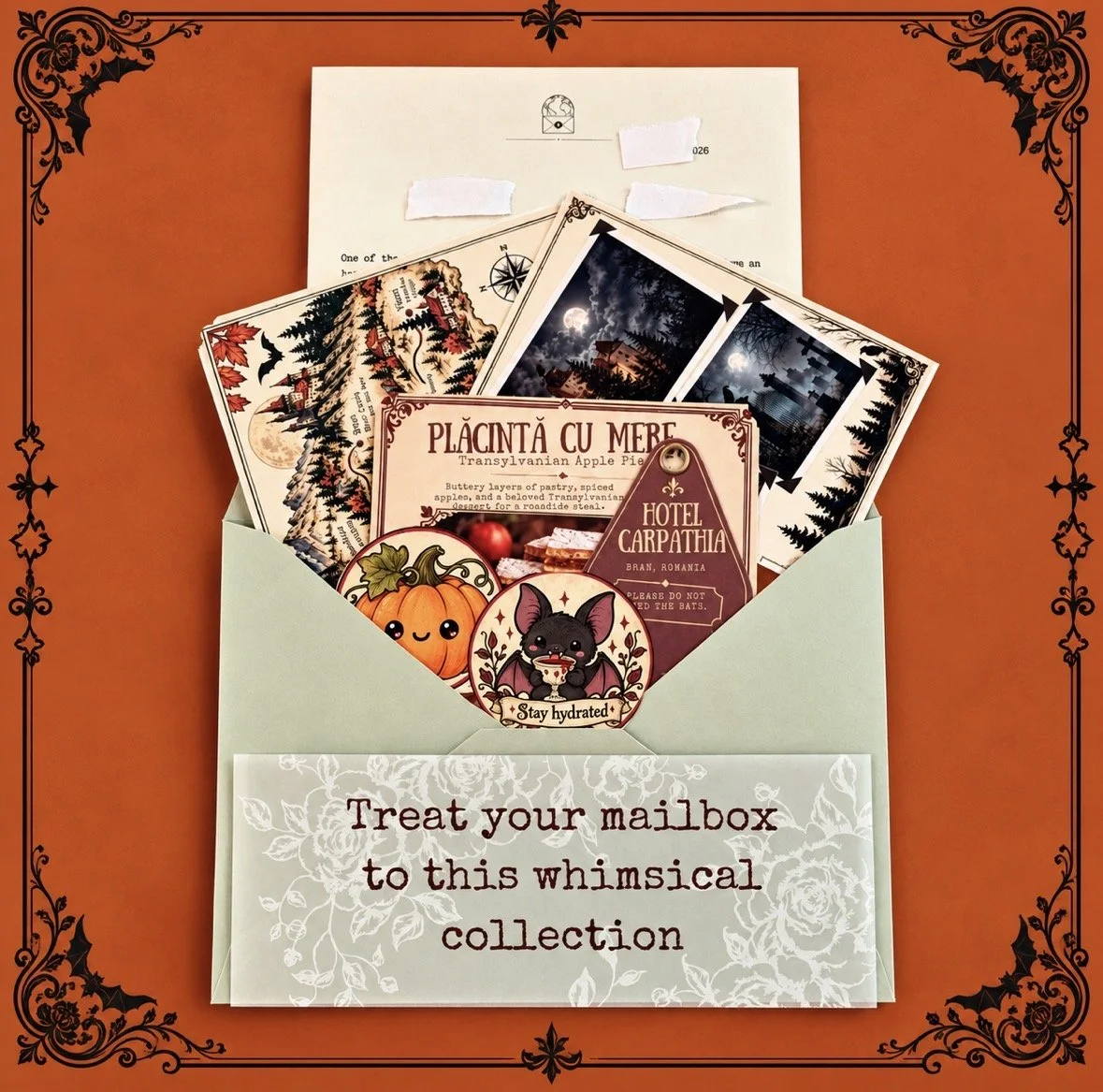 An envelope filled with mailbox club items: playlist, letter, stickers, keepsakes, and surprises.  A note on the envelope reads: "Treat your mailbox to this whimsical collection."