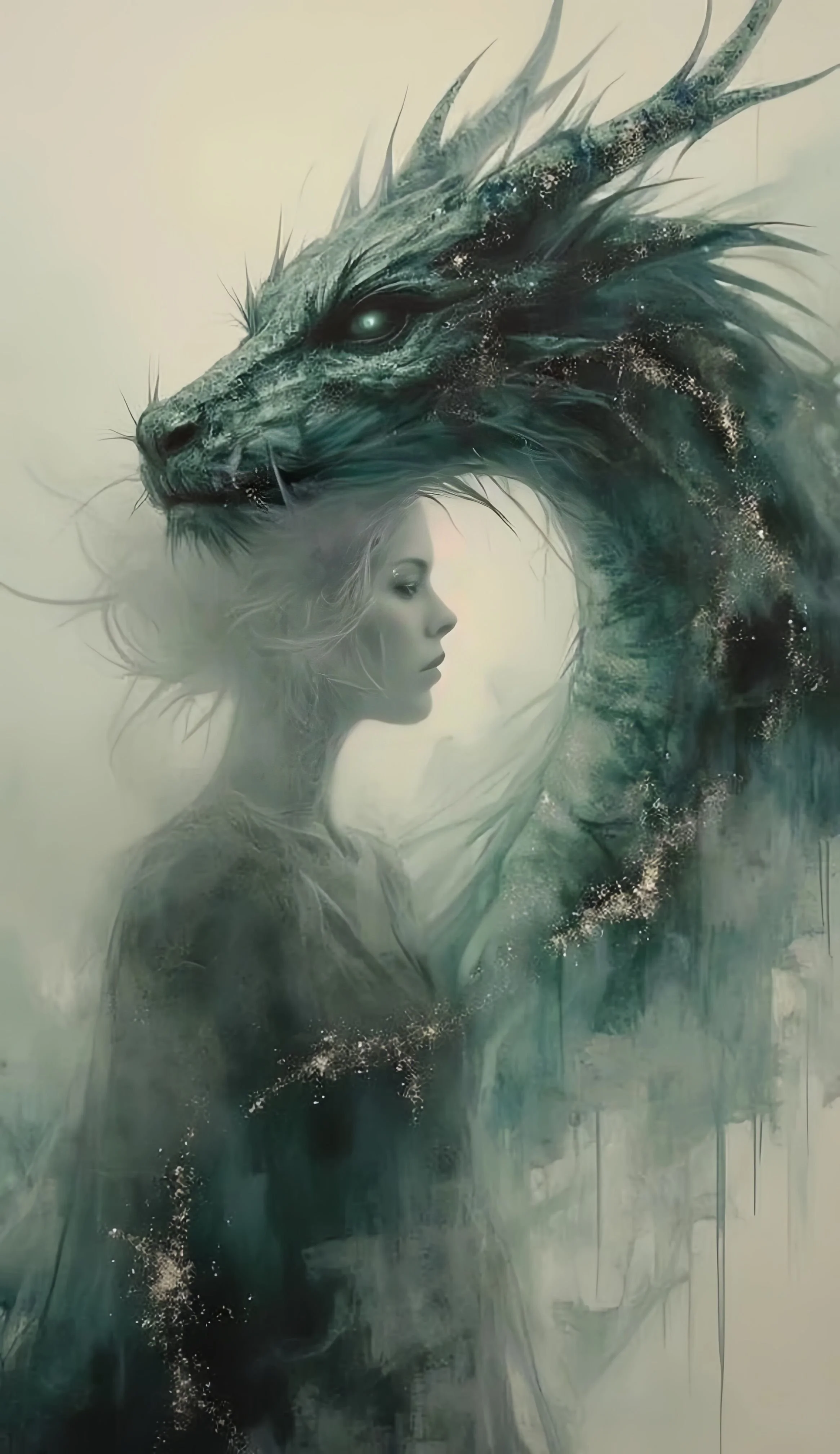 A fantasy illustration of a woman with light skin and long hair, with a large, mythical dragon-like creature with spiky features and glowing eyes intertwined with her, blending into a misty background.