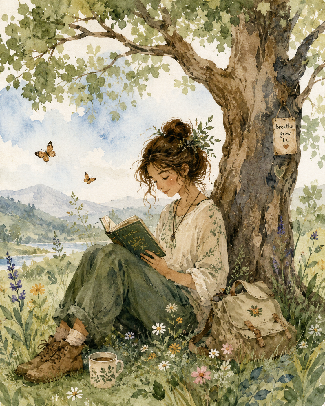 A young woman with curly hair, wearing casual clothes, is sitting under a large tree in a field of wildflowers. She is reading a book titled "Blueprint" with a peaceful expression. There is a mug of coffee or tea on the ground near her, and a backpack with floral patterns rests beside her. A sign on the tree reads "breathe grow be". Butterflies fly around her, and mountains are visible in the distance against a partly cloudy sky.