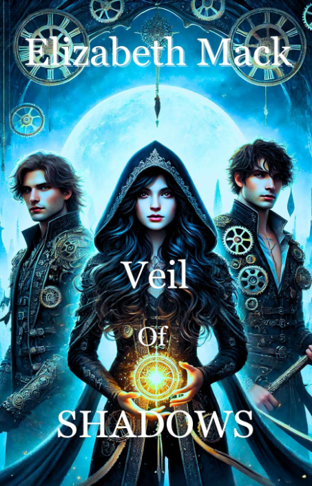 Book cover for 'Veil of Shadows' by Elizabeth Mack, featuring three characters in dark, fantasy-style clothing with gear and clock motifs, set against a blue moon and clock gears in the background.
