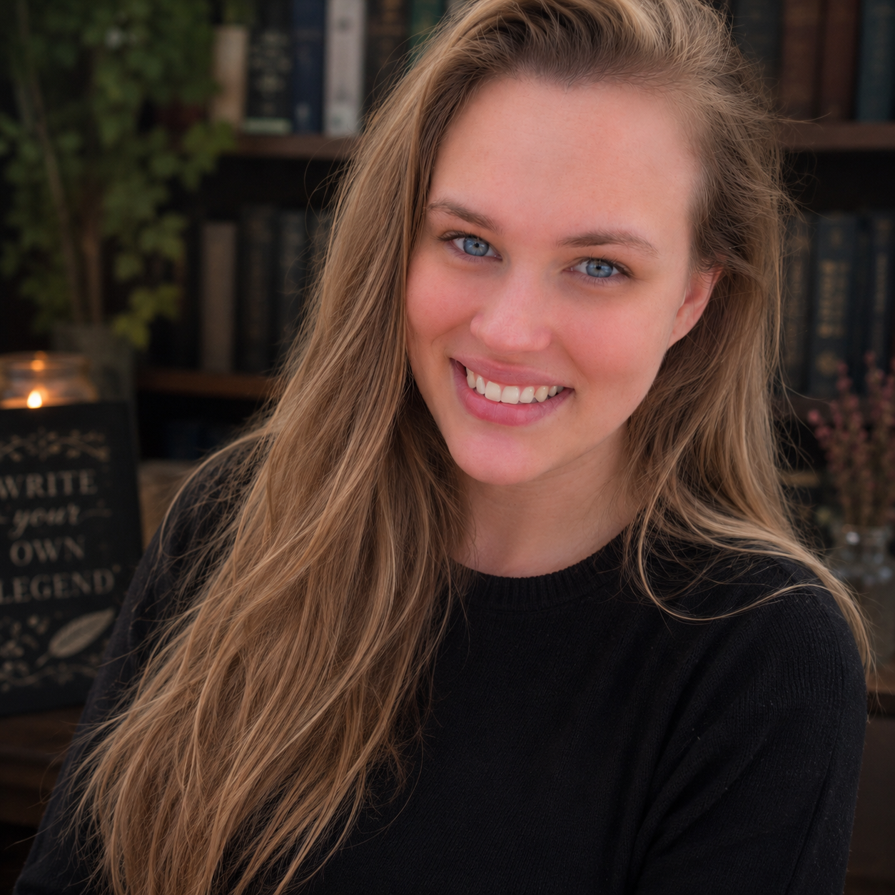 Close-up of a young woman with long, wavy blonde hair and blue eyes, smiling at the camera, wearing a black top, in a cozy indoor setting with bookshelves and decorative items in the background.