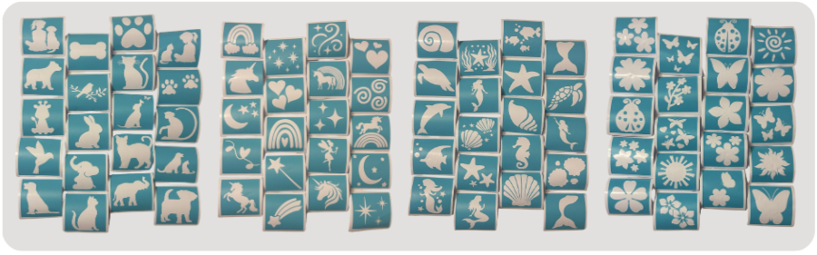 A collection of various blue tiles with white silhouettes of animals, nature, and celestial symbols arranged in rows and columns.