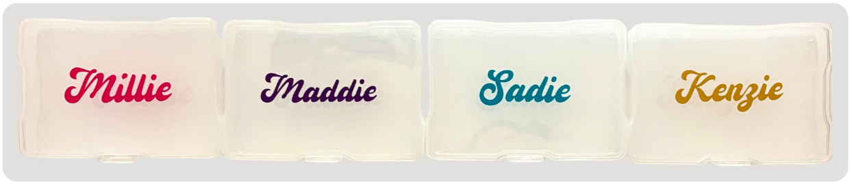 Four transparent storage containers with colorful names printed on their lids: Millie in pink, Maddie in purple, Sadie in blue, Kenzie in gold.