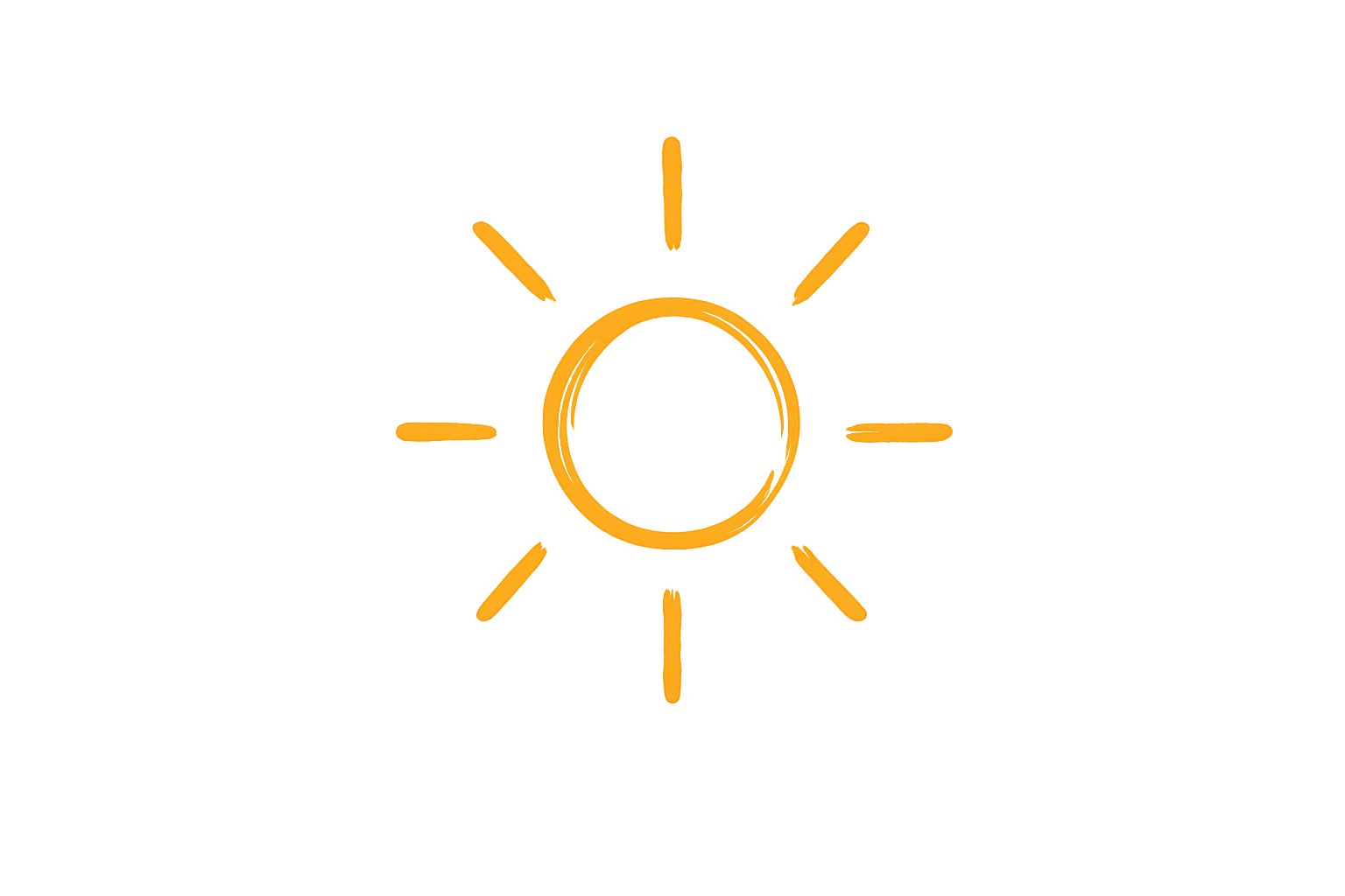 A black background with an orange hand-drawn sun symbol in the center, featuring a circular core and radiating lines.