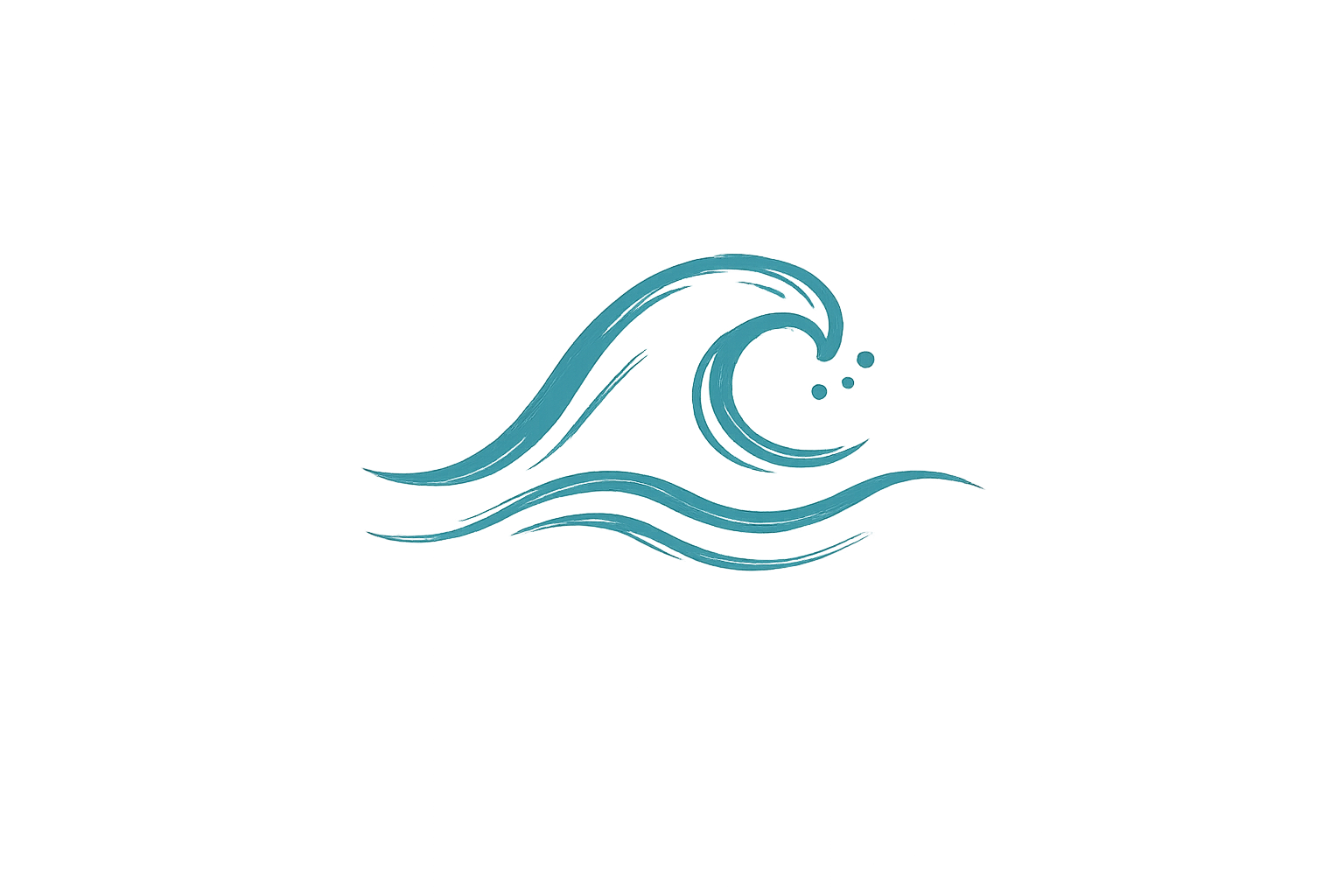 A minimalist logo of a wave and a crescent moon with stars, depicted with blue lines on a black background.