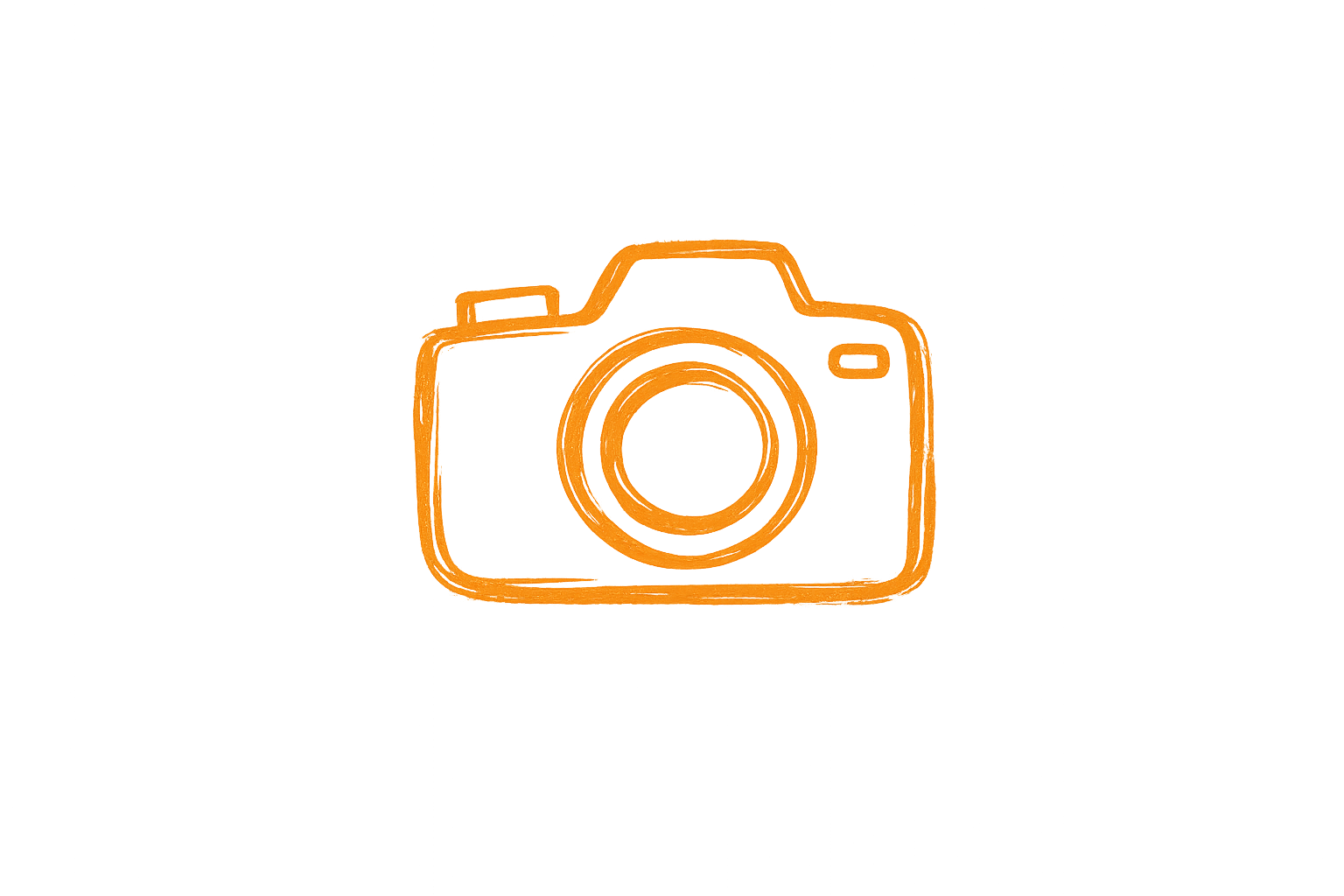 A camera icon drawn in orange on a black background.