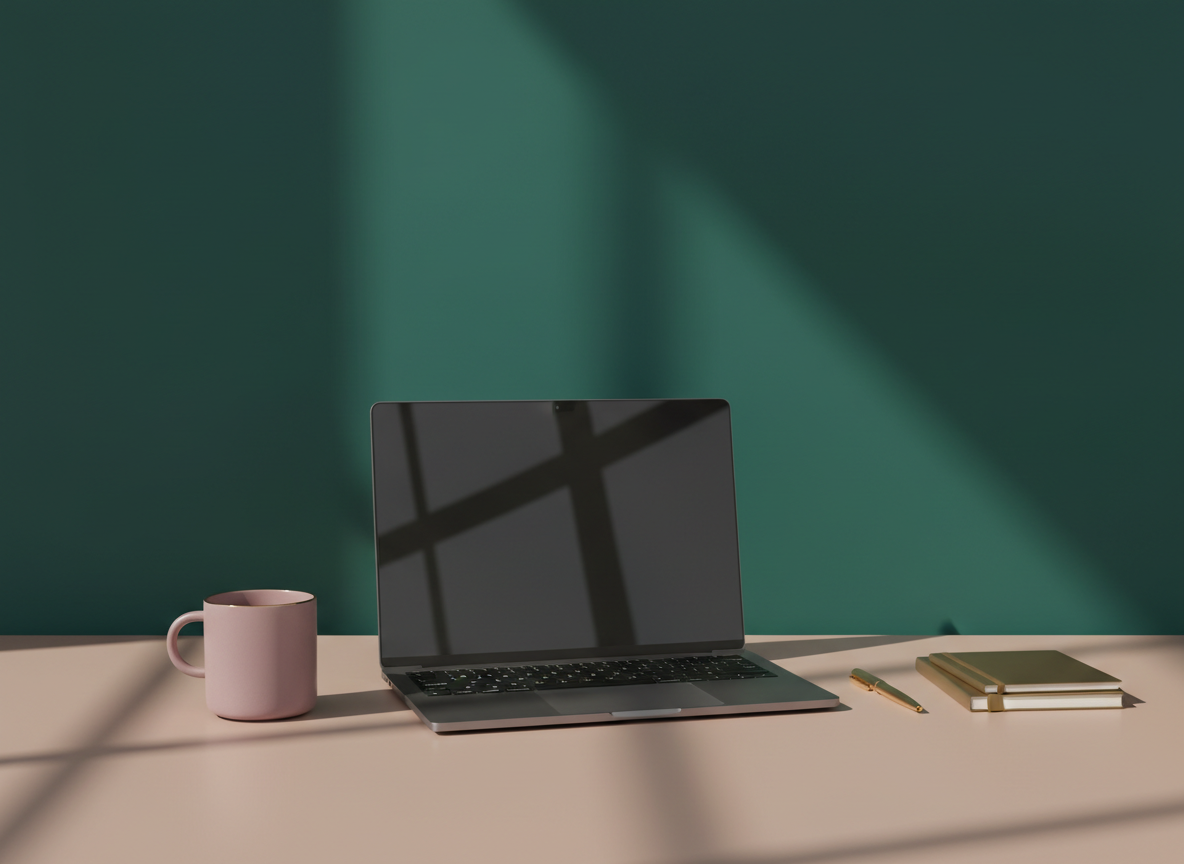 Laptop, pink mug, gold pen, two notebooks on a beige desk against a green wall with shadows.
