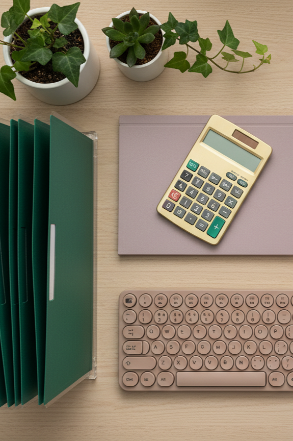 Top view of a workspace with potted plants, a beige calculator, a purple notebook, a pink wireless keyboard, and green file folders on a light wood surface.