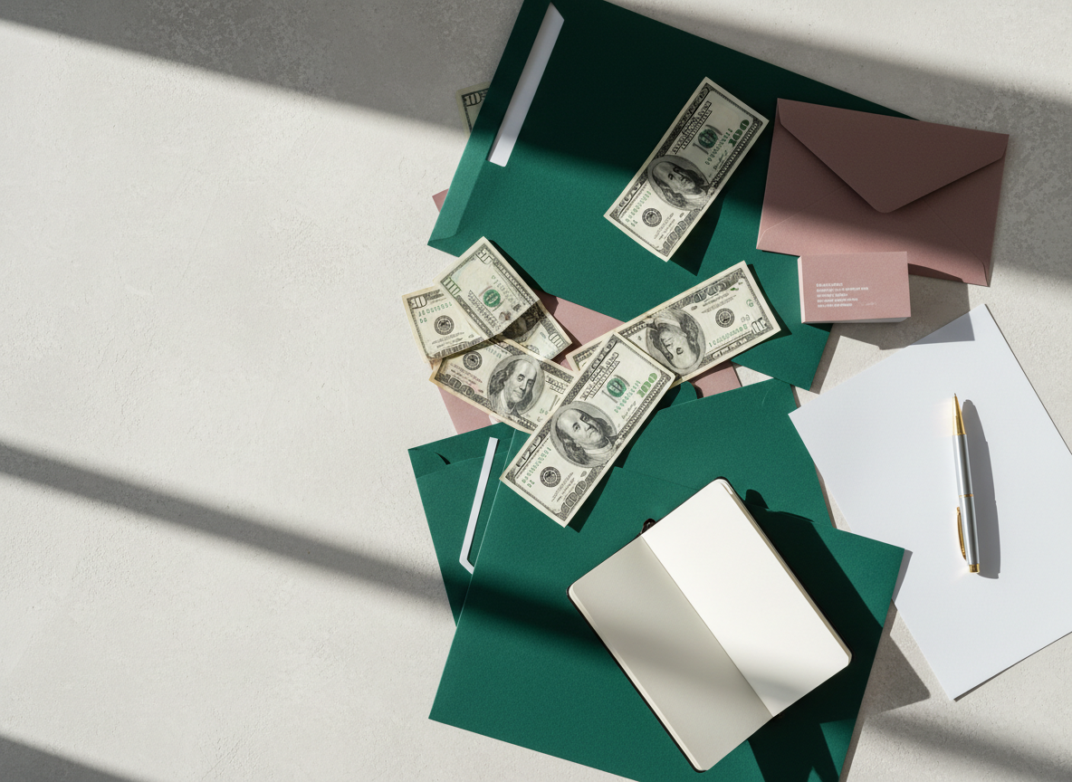 Flat lay of a white surface with scattered hundred-dollar bills, green folders, a pink envelope, a white notepad, and a silver pen.