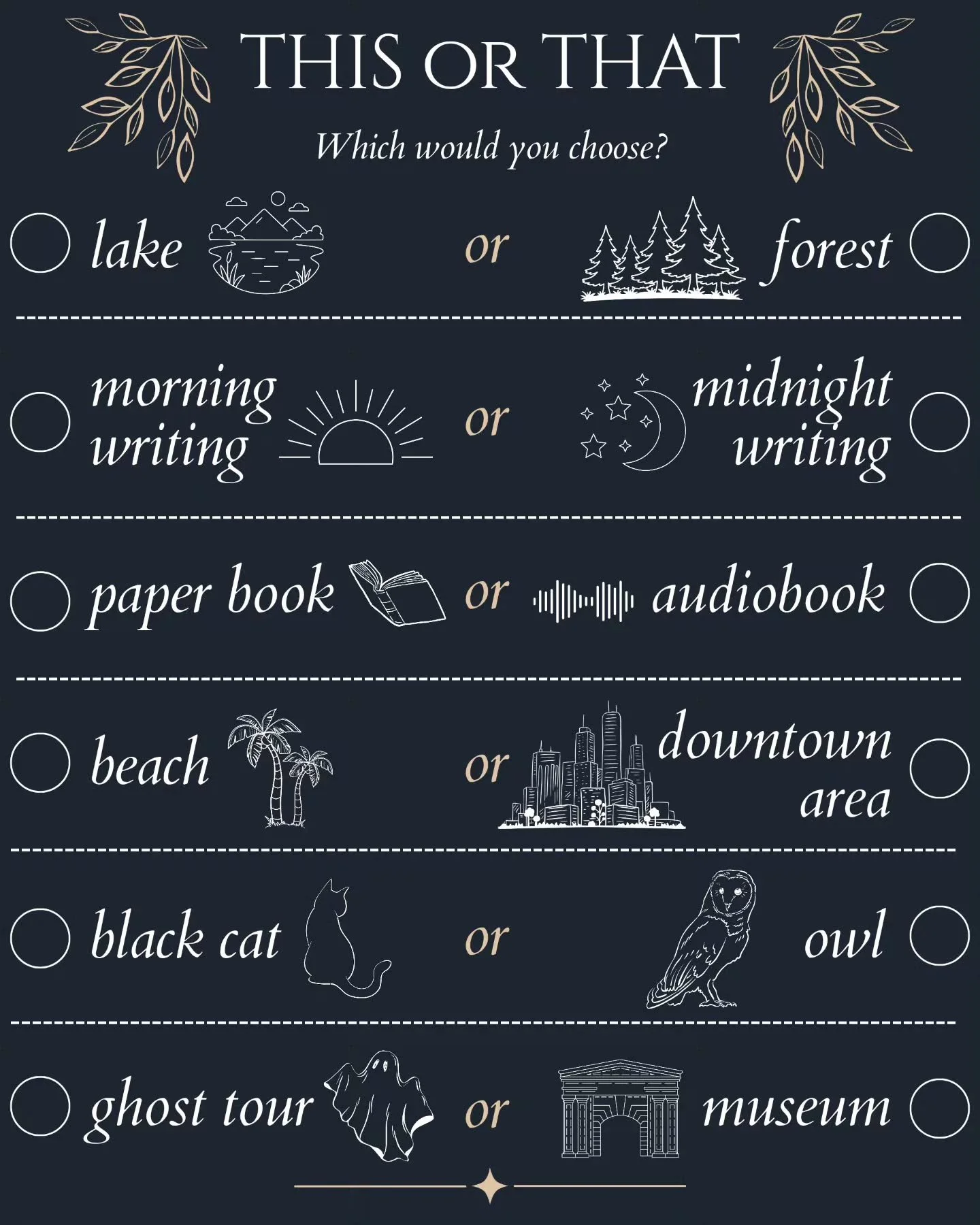 Which would you choose? Screenshot and share your choices in your story! 💙

#thisorthat #blackcat #ghosttour #fallvibes #writing