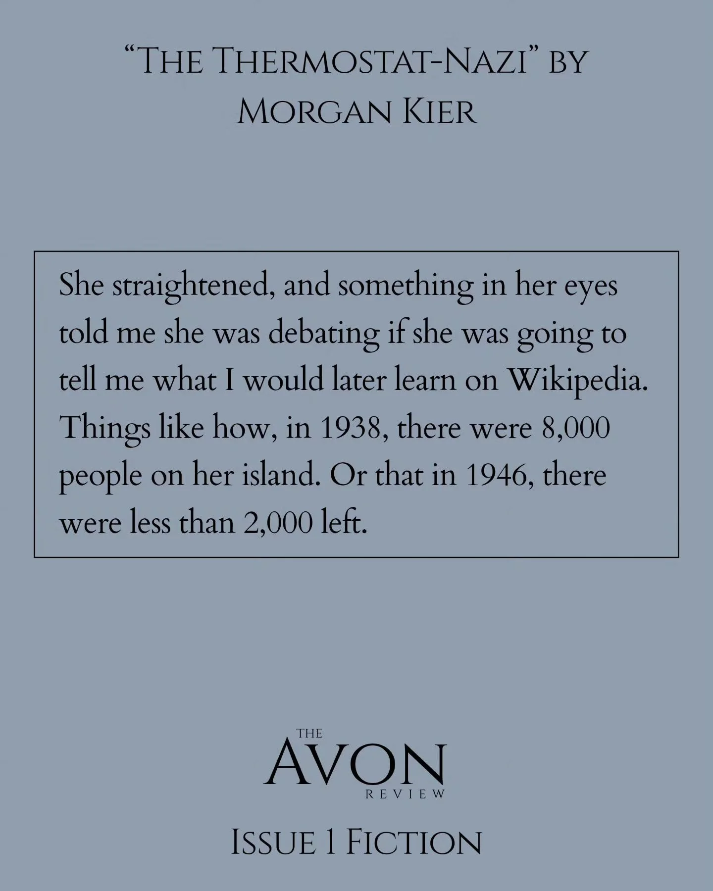 An excerpt from "The Thermostat-Nazi", a riveting piece of fiction in Issue 1 of The Avon Review. Check it out now at the link in our bio!

#LiteraryJournal #creativewriting #writingcommunity #Fiction #outnow
