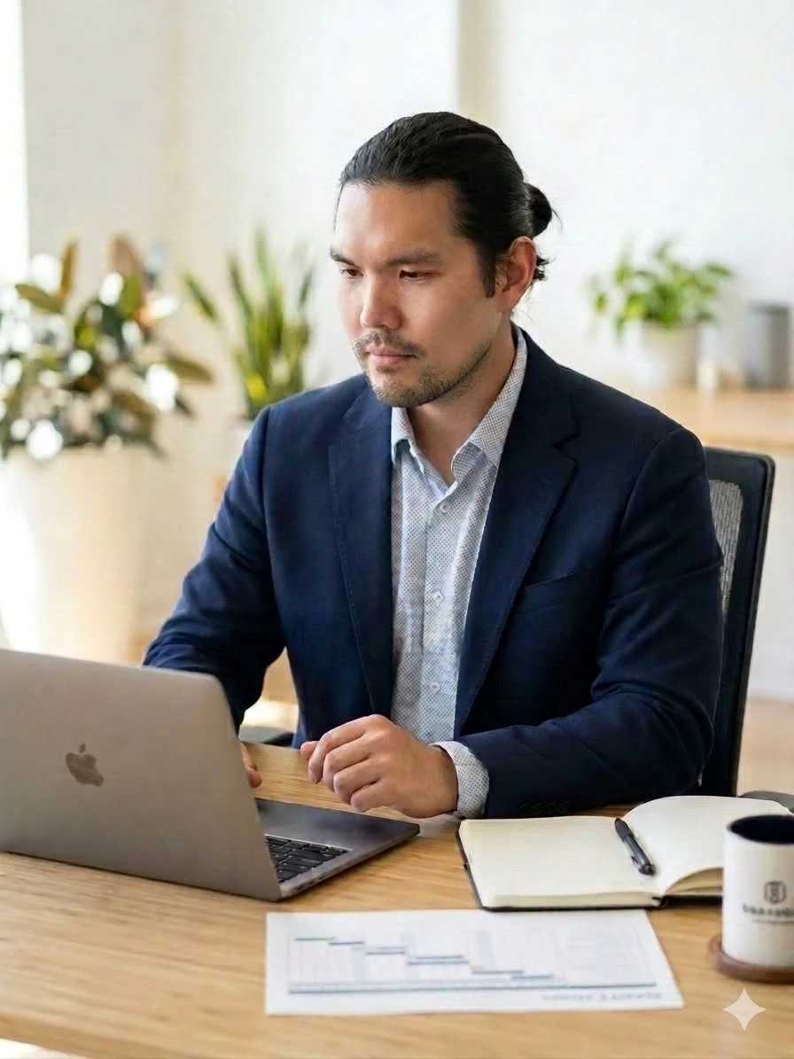Man working on a silver MacBook at a wooden desk with documents, a notebook, a pen, and a coffee mug, with green indoor plants in the background.