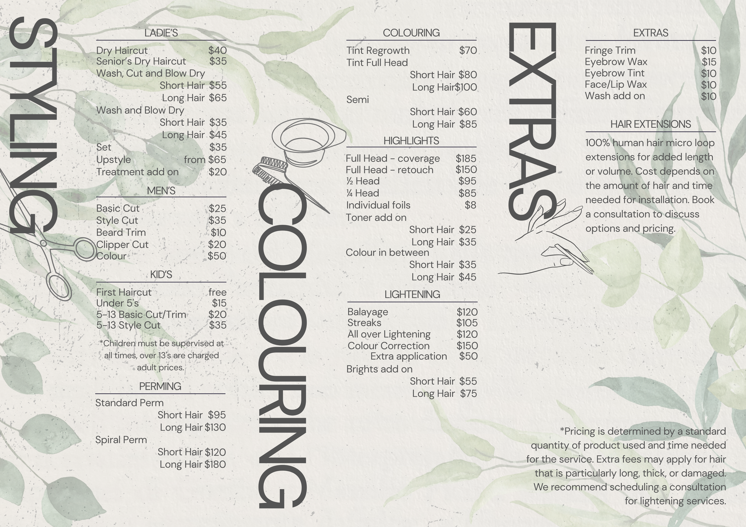 A price list for a hair salon featuring services such as haircuts, coloring, highlights, perming, and hair extensions, with prices listed for ladies, men, kids, and coloring options, along with extra add-on services and their costs.
