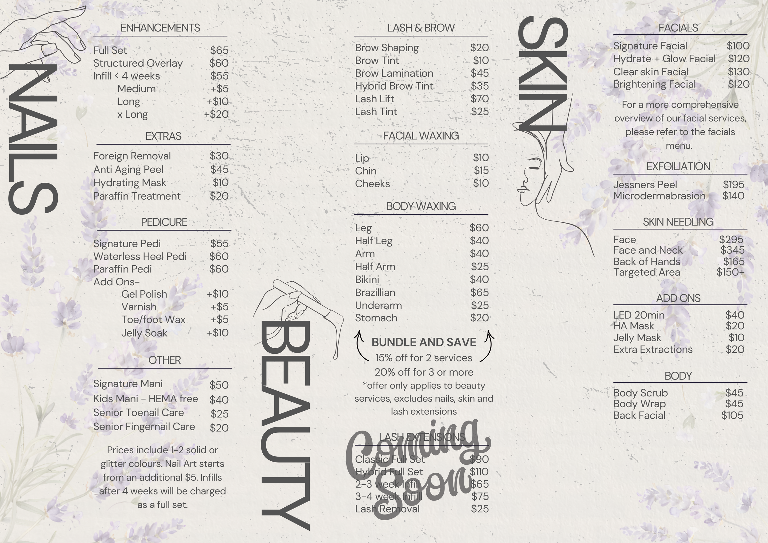 A service menu listing beauty treatments such as enhancements, extras, pedicures, facial waxing, lash and brow services, skin facials, and body waxing, with prices for each service.