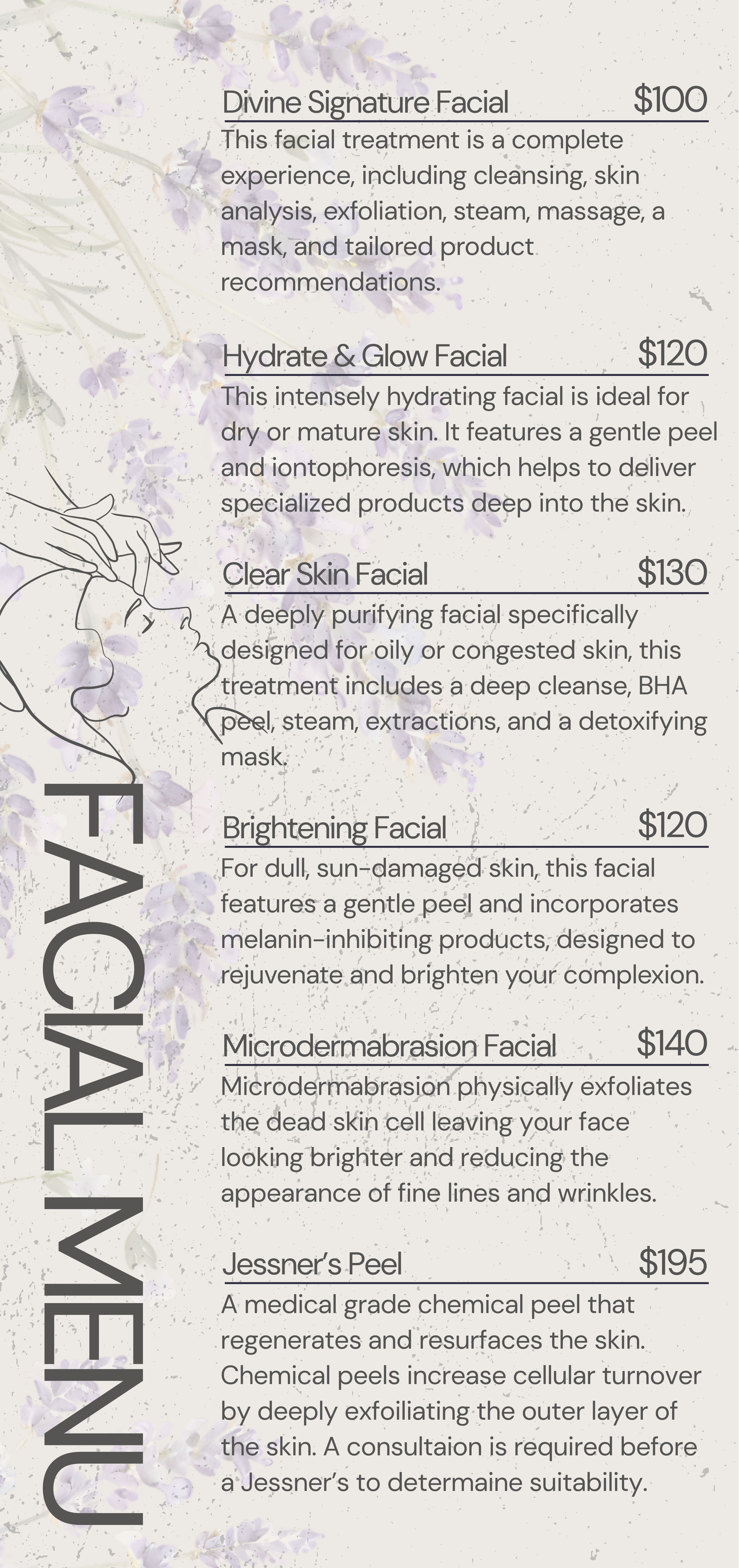 A spa menu with skincare treatment options and prices. The menu features a floral background with purple flowers and a line drawing of a person receiving a facial.