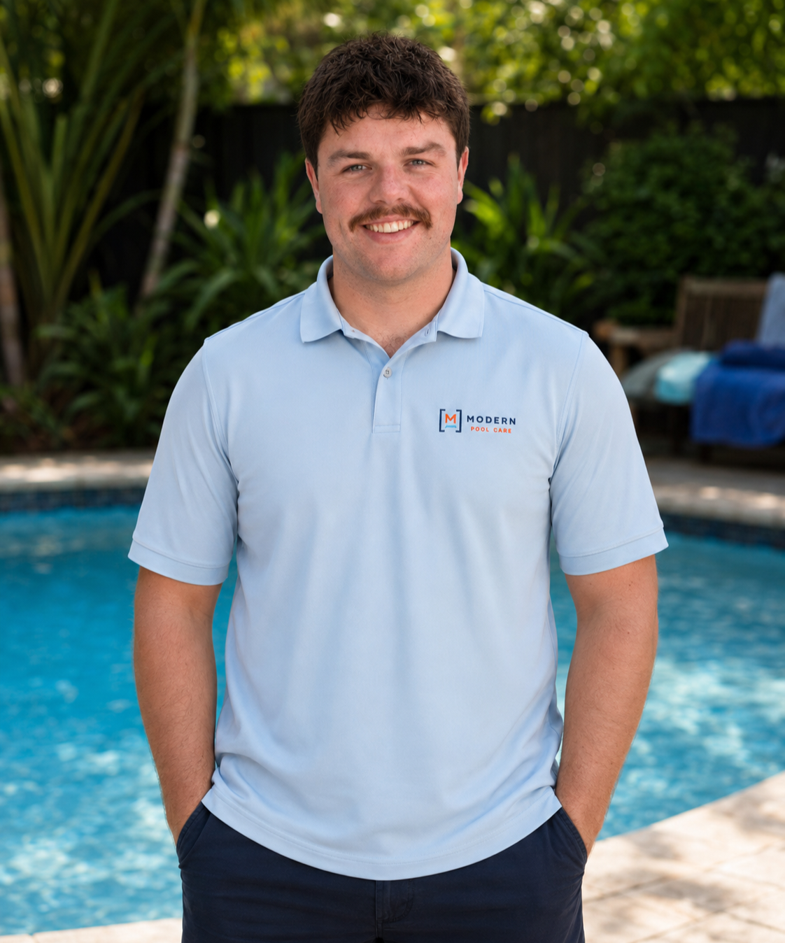 Billy is the lead operator at Modern Pool Care. This shows him wearing a light blue polo shirt with a logo that reads "Modern Pool Care," standing outdoors by a swimming pool with greenery in the background.