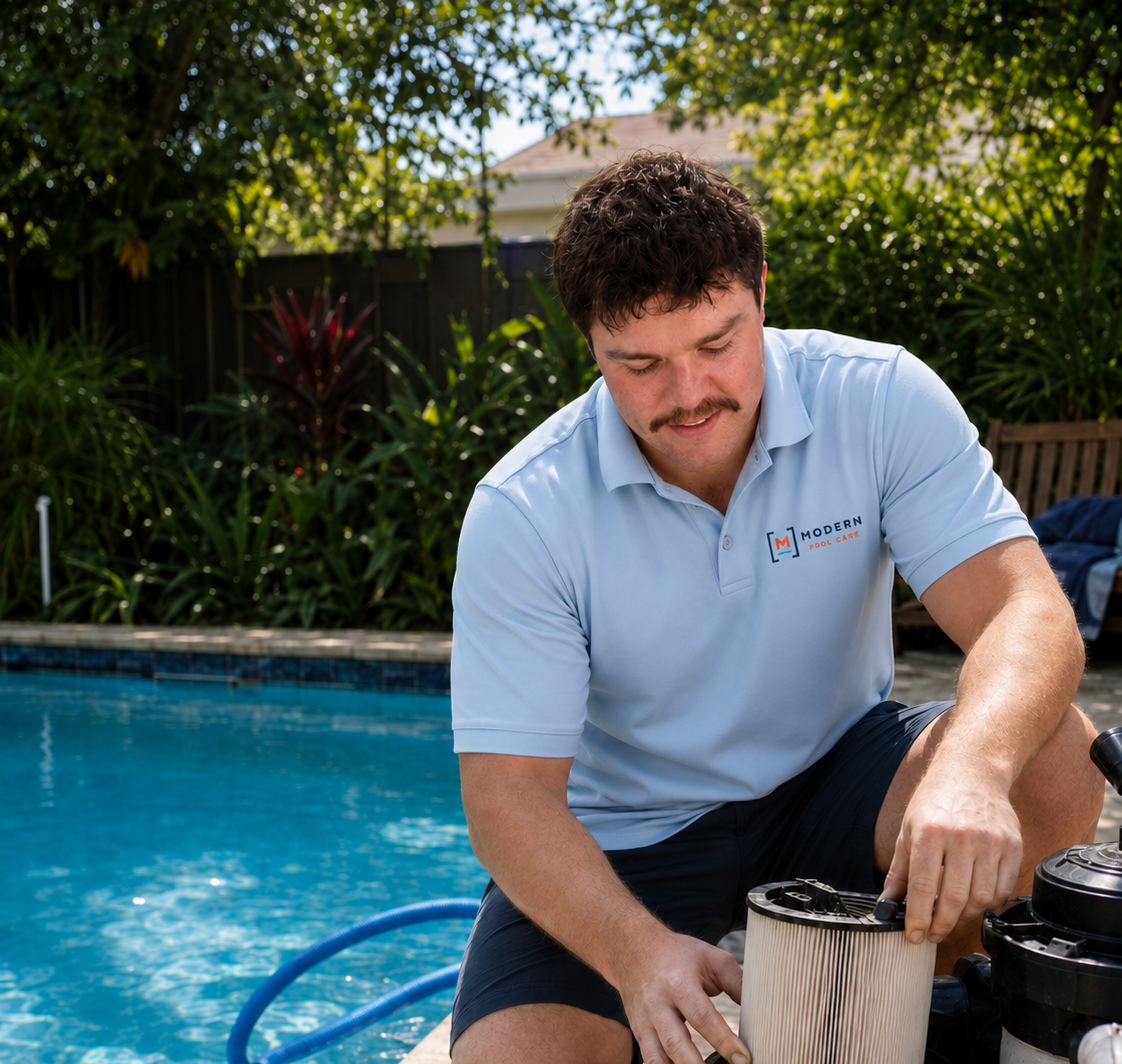 A man with dark curly hair and a mustache working on pool equipment beside a backyard pool, wearing a light blue polo shirt with a logo that reads 'Modern Pool Care'.