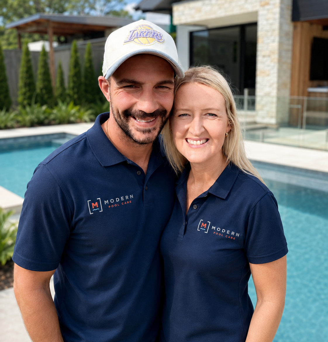 Modern Pool Care owners, Steph & Ryan Bailey, in their uniforms by a pool