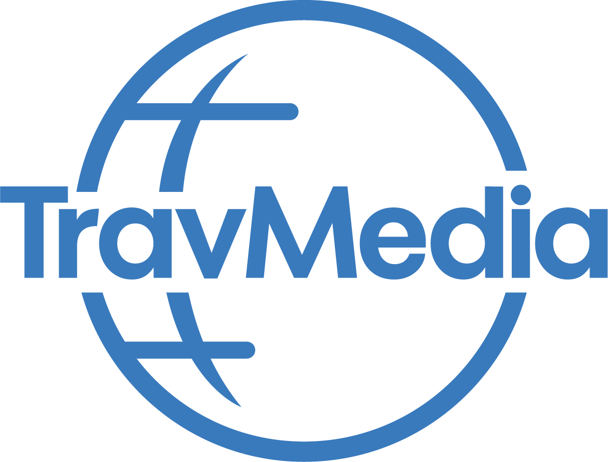 TravelMedia logo featuring a globe design with horizontal and vertical lines, and the company name written across the center.