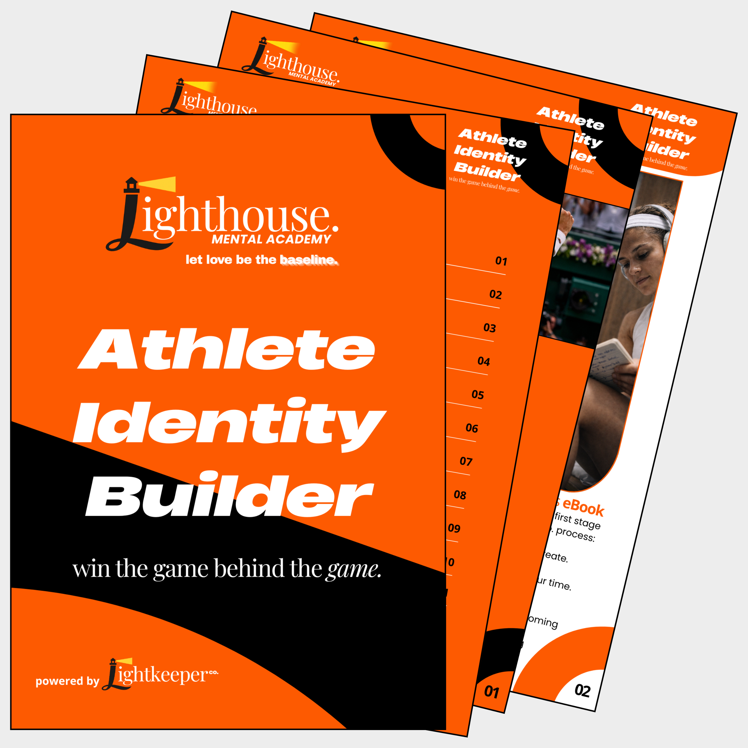 A stack of educational booklets with orange covers, titled 'Athlete Identity Builder' and 'Lighthouse Mental Academy,' featuring a lighthouse logo and phrases about winning and game strategy, some with visible pages showing text and images.