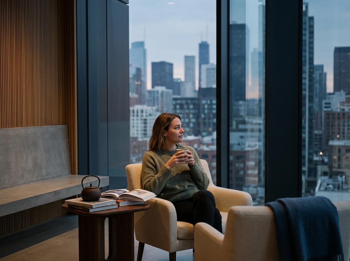 A woman sitting in a modern indoor space with large windows, holding a warm beverage, with a city skyline view in the background.