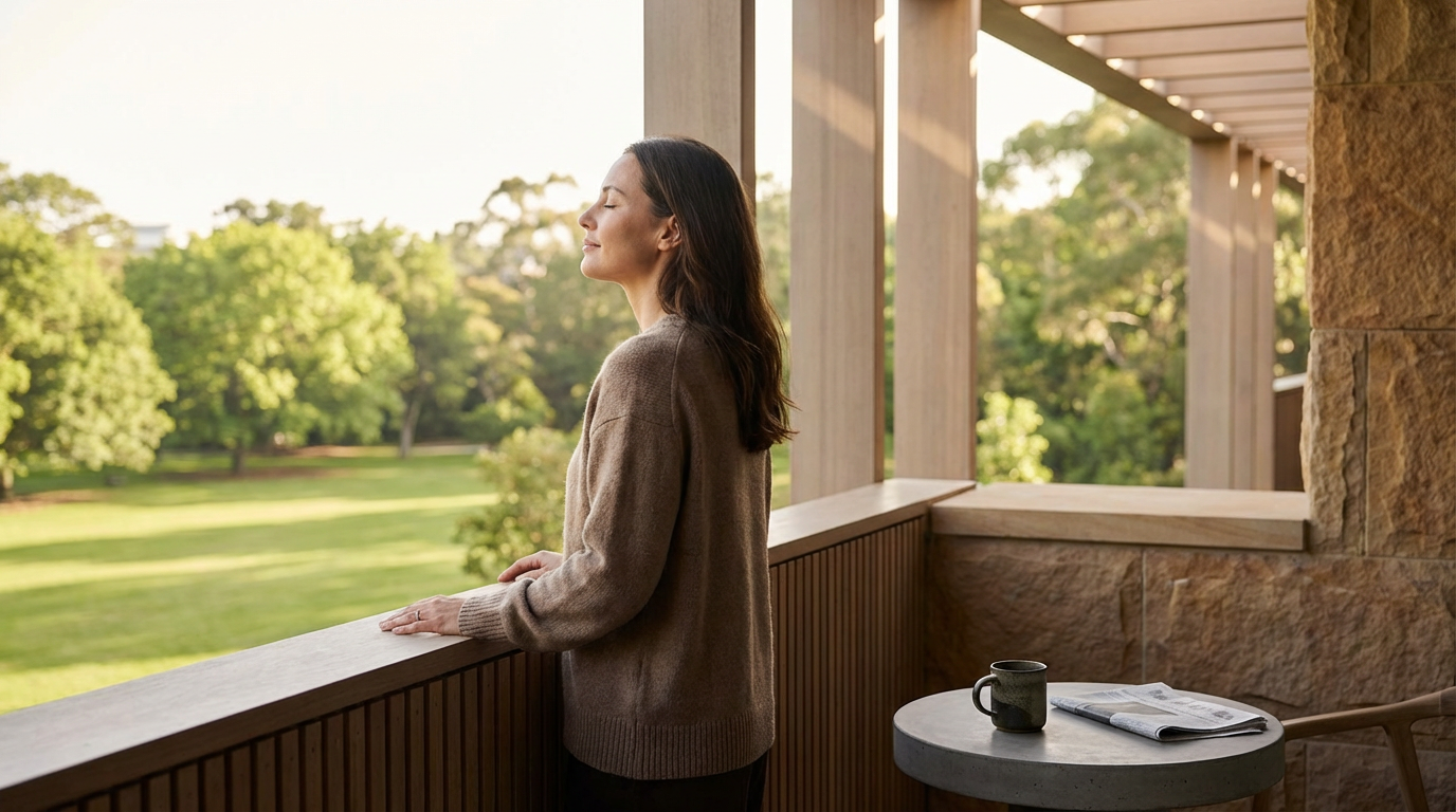 A woman standing on a balcony with her eyes closed, enjoying the outdoors in the morning, with a coffee mug and newspaper on a small round table nearby.