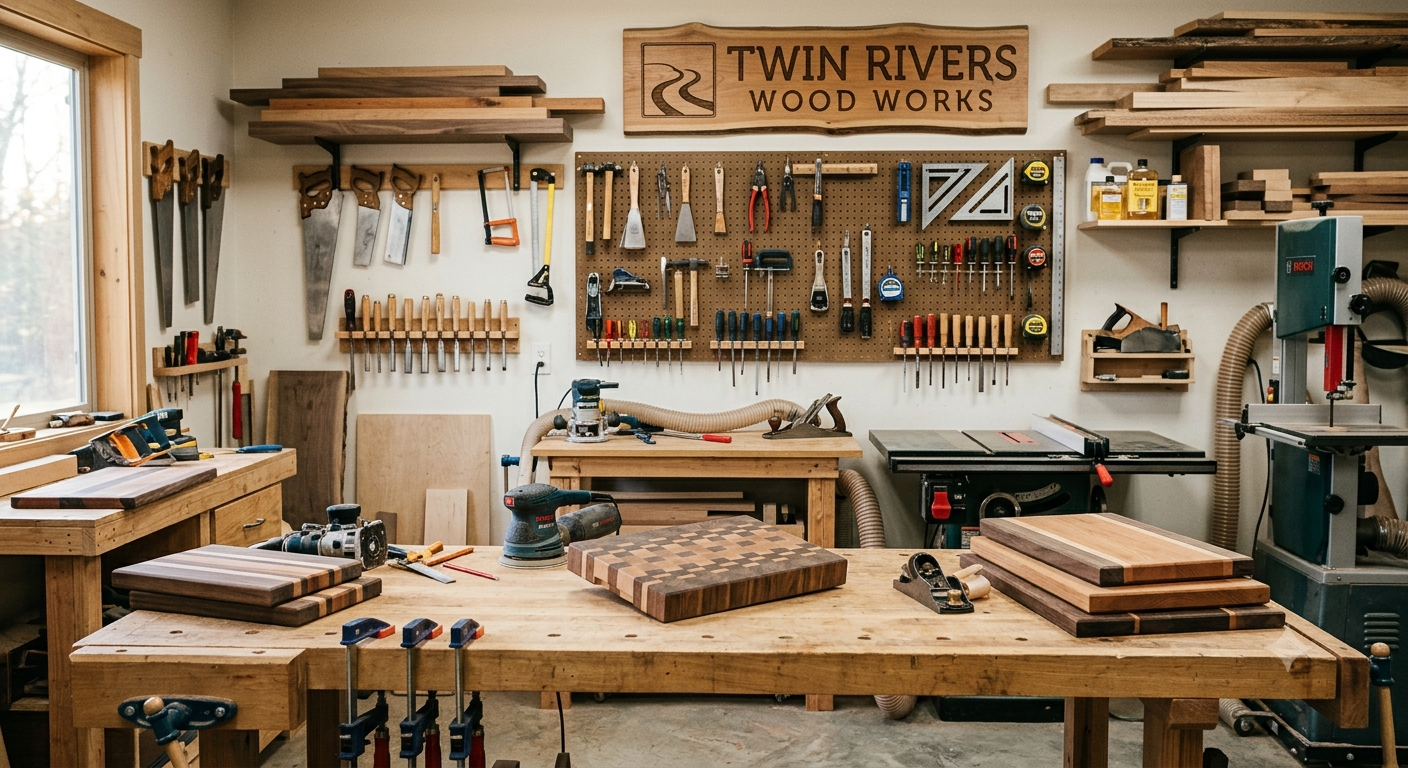 View of a woodworking workshop with tools, wood pieces, clamps, and power equipment, featuring a sign that reads 'Twin Rivers Wood Works'.