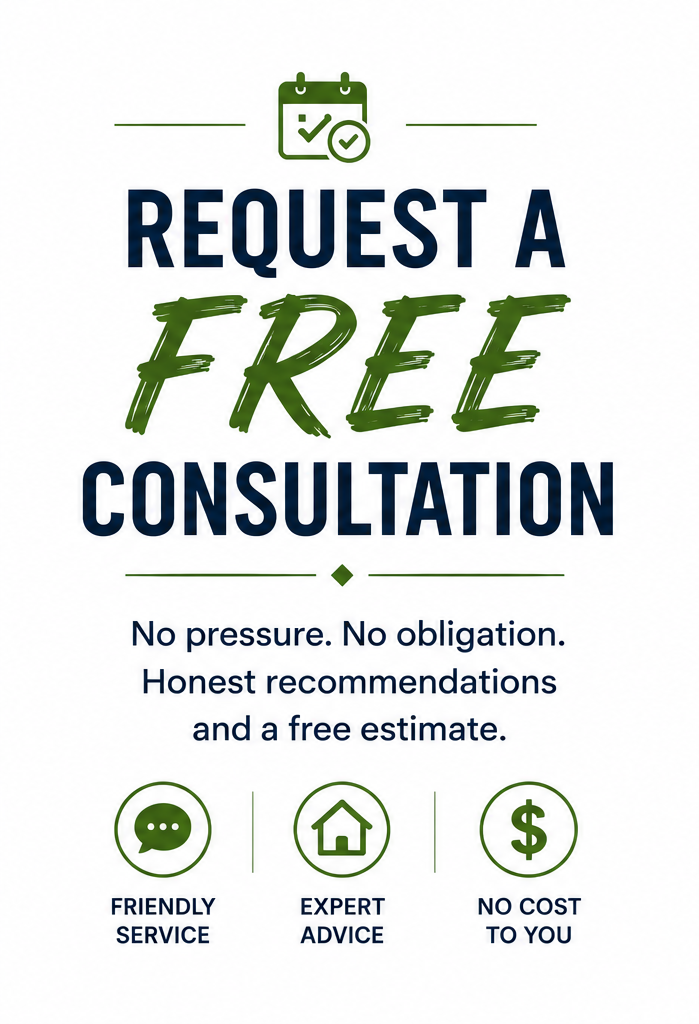 A digital advertisement offering a free consultation with friendly service, expert advice, and no cost to the customer.