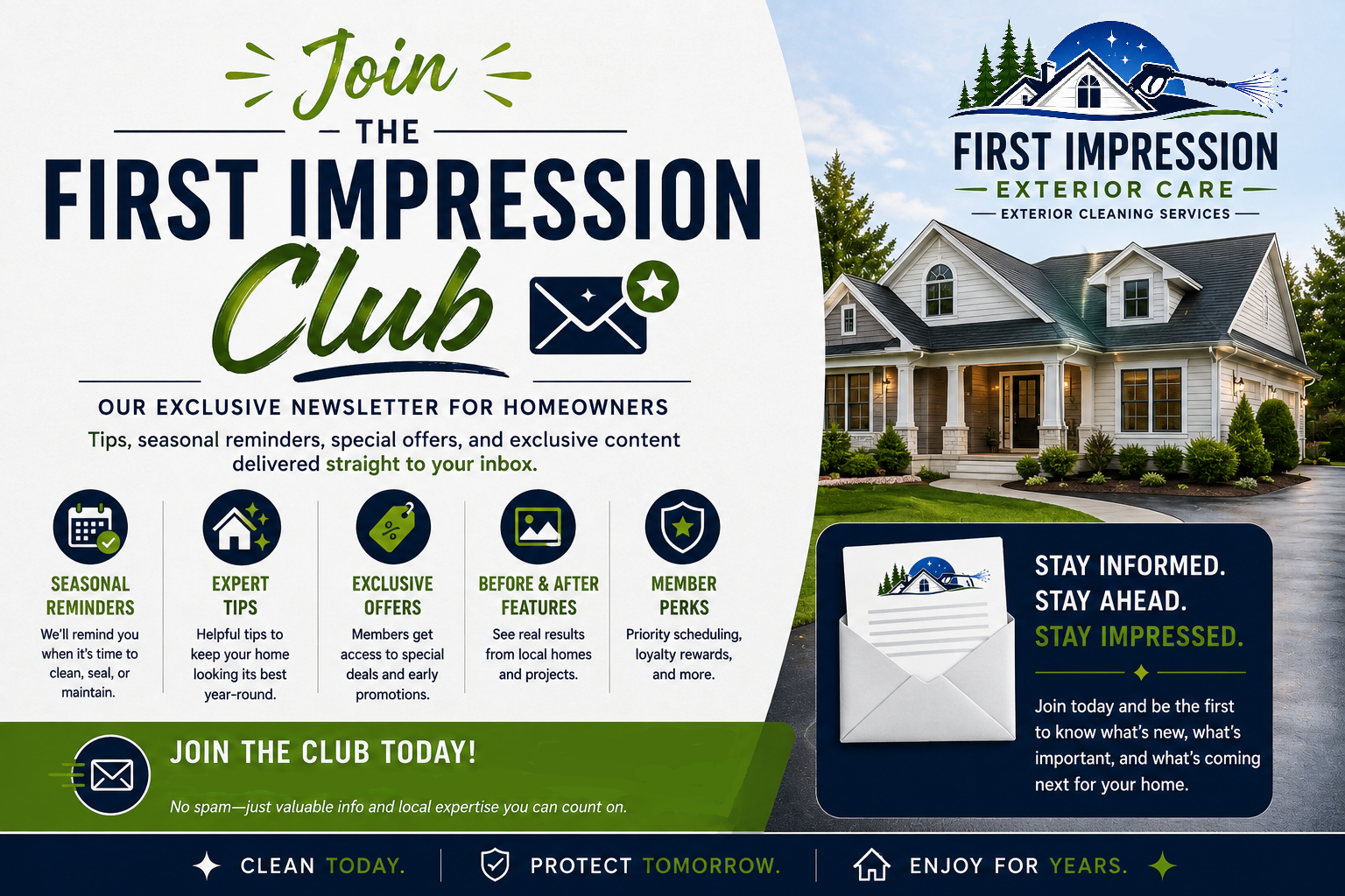 Advertisement for a homeowners' newsletter club called 'First Impression Club,' offering tips, special offers, and features for homeowners, with a background image of a large white house and a logo for 'First Impression Exterior Care'.