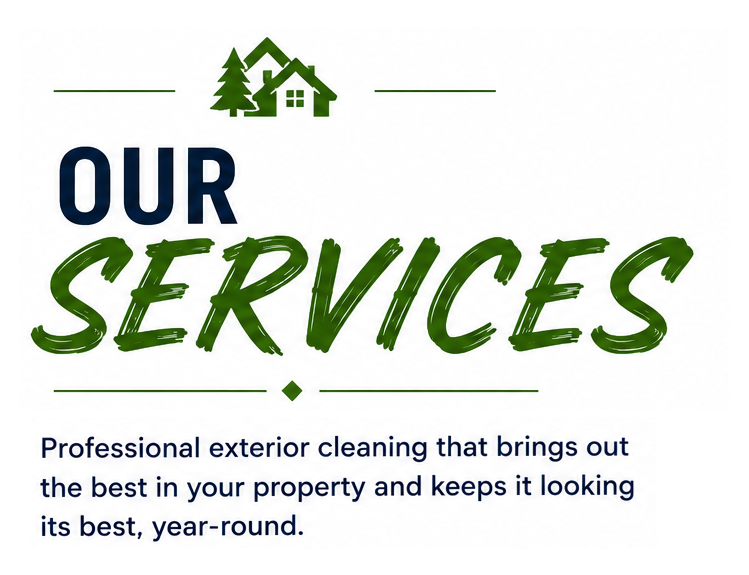 Graphic promoting exterior cleaning services with a house and trees in green at the top, bold text reading "Our Services", and a description about professional exterior cleaning.