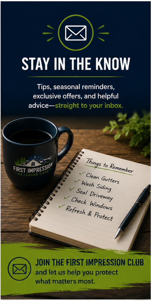 A promotional flyer for First Impression Exterior Care with a coffee mug, a notepad listing home maintenance tips, and a green banner encouraging joining the first impression club.