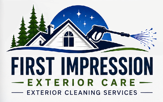 Logo for First Impression Exterior Care featuring a house, trees, stars, and a garden hose spraying water, with text indicating exterior cleaning services.