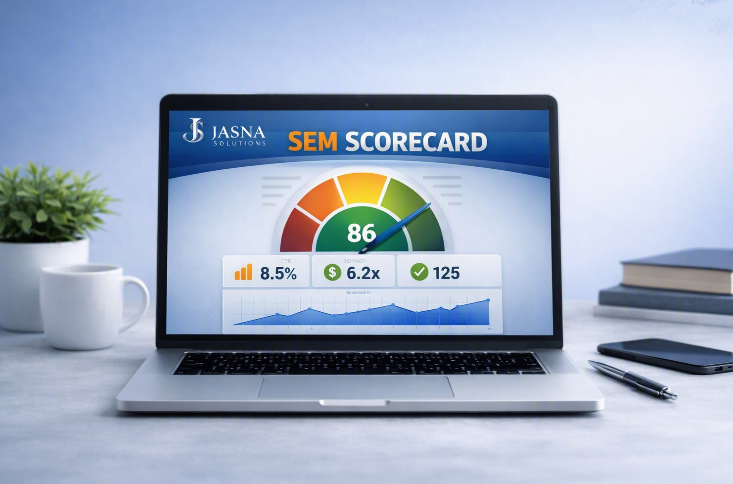 A laptop displaying Jasna Solutions' SEM Scorecard to help pinpoint where we can help improve your Paid Search program and increase ROAS.