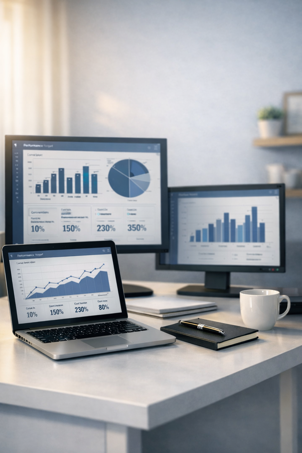 Work desk with laptop, dual monitors displaying SEM graphs and charts, a notepad, pen, white coffee mug, and a small plant on a shelf in the background.