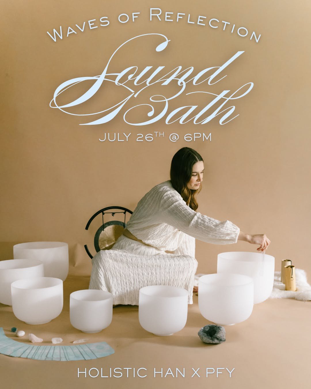 Crystal singing bowls and calming sound healing instruments arranged for a meditative sound bath.