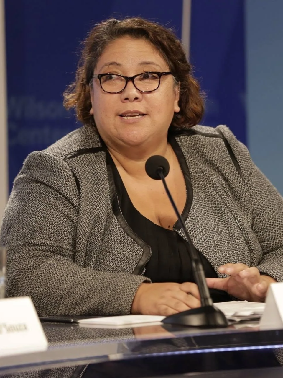 A woman with glasses speaking into a microphone during a panel discussion.