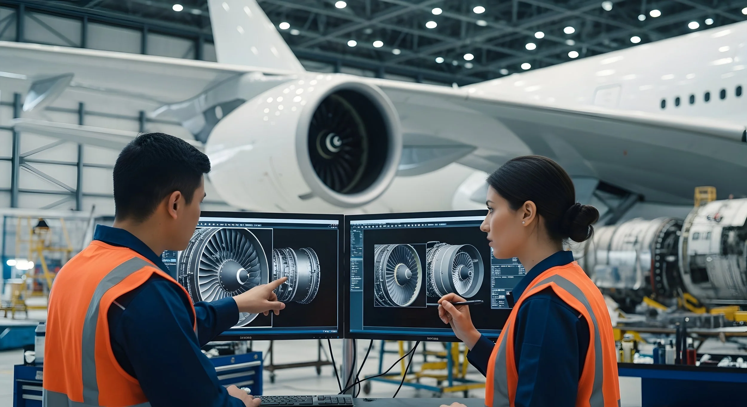 Two engineers wearing orange safety vests working on computer screens displaying airplane engine designs in an aircraft manufacturing hangar with a large airplane jet engine in the background.