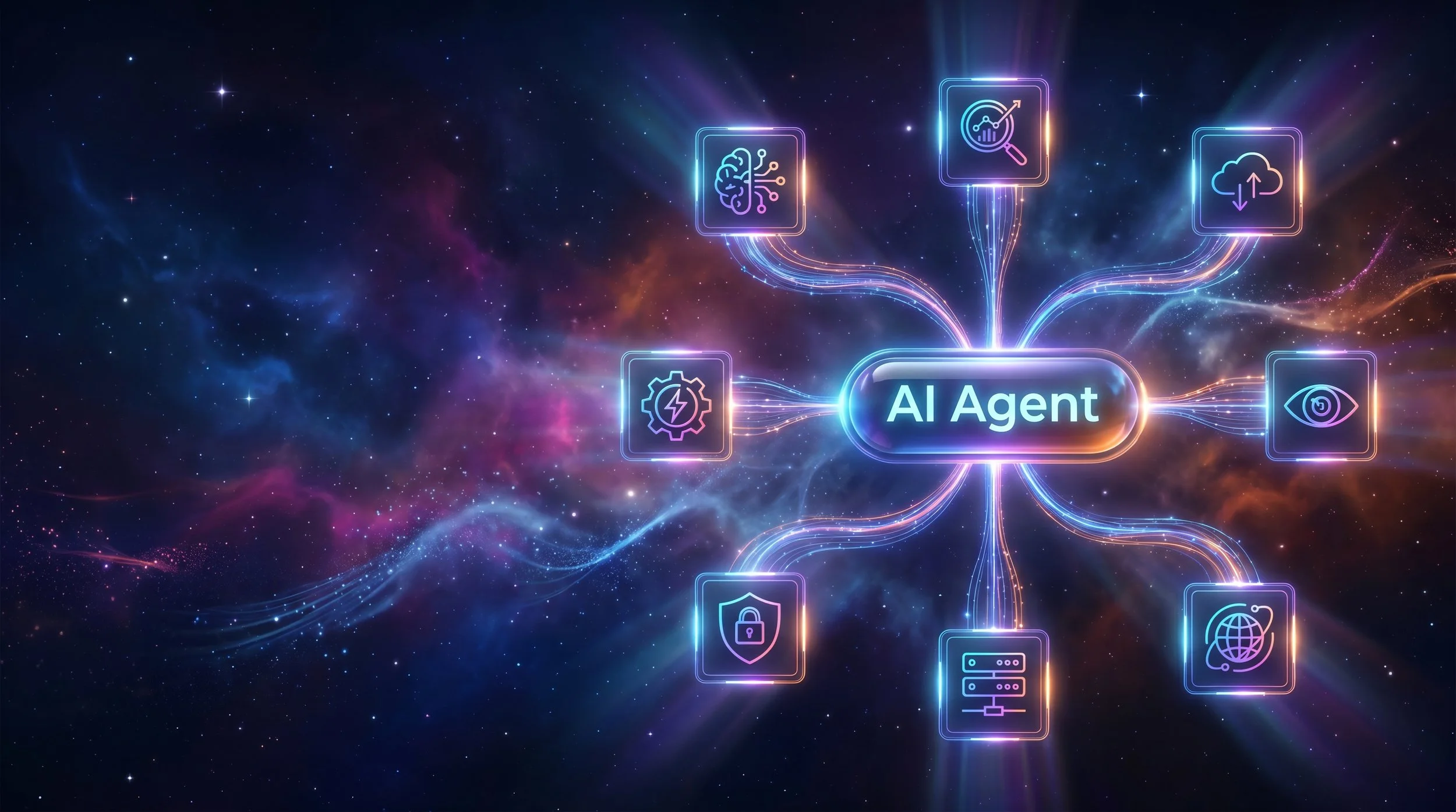 Digital illustration of an artificial intelligence (AI) agent connected to various icons representing neural networks, data analysis, cloud storage, security, and the internet, set against a cosmic background with stars and colorful light streaks.