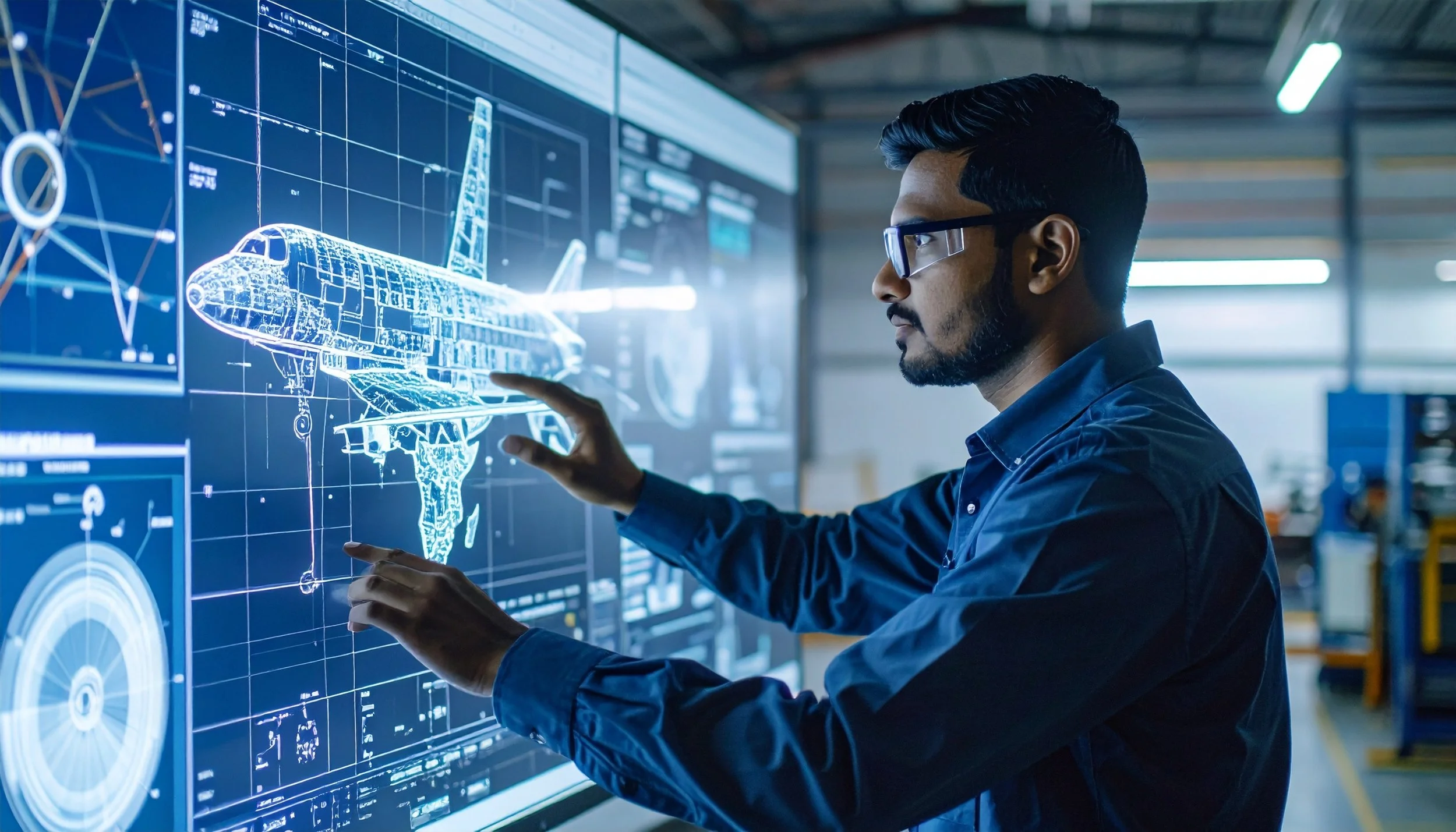 Man wearing glasses working on a holographic display of a futuristic airplane design in an industrial setting.