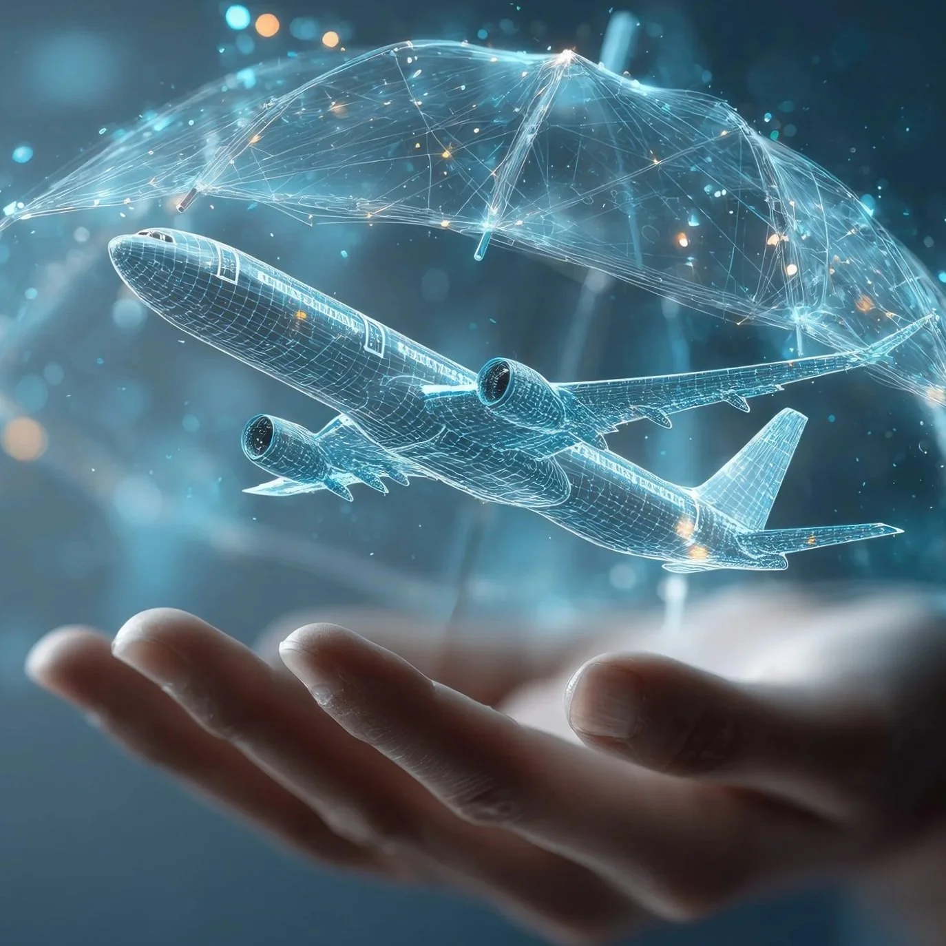 A digital hologram of an airplane hovering above a person's open hand with holographic lines and a planet-like structure in the background.
