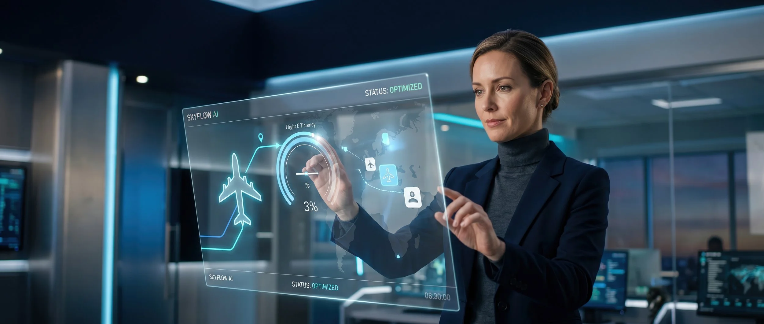 A woman in a dark suit interacts with a transparent digital screen displaying airline flight information and flight efficiency graphics in an airport terminal.