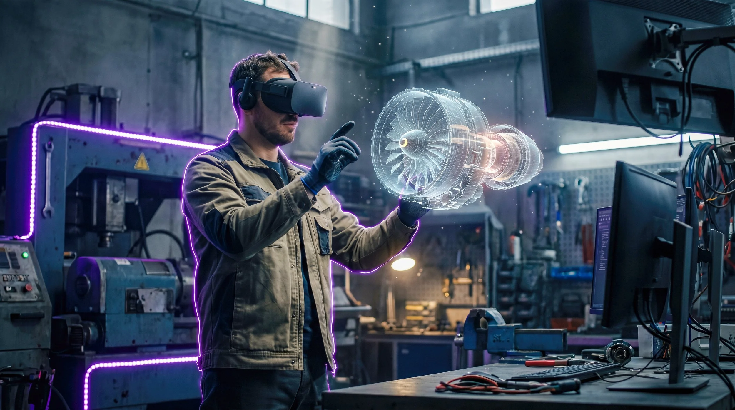 A man in a workshop wearing a virtual reality headset and gloves, interacting with a holographic digital model of a jet engine, surrounded by machinery and computer monitors.