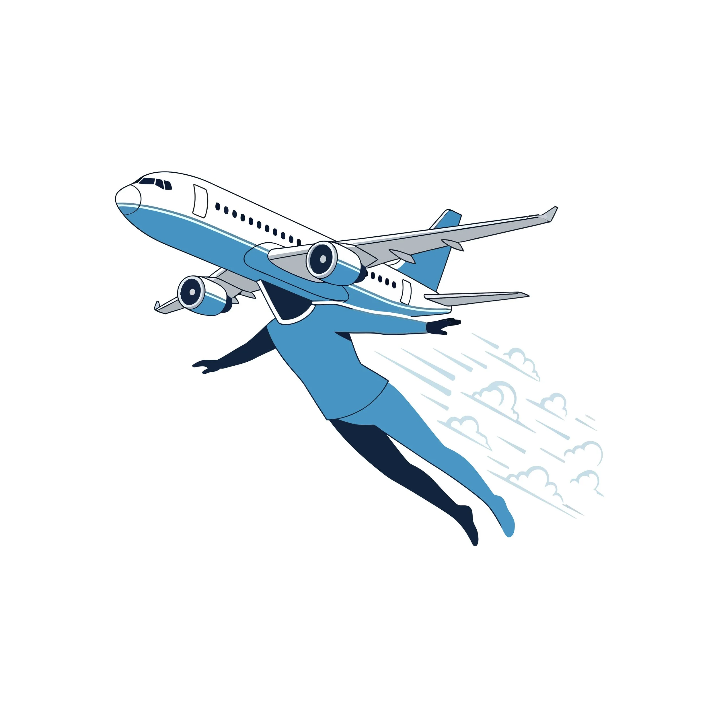 An animated blue and white airplane flying through the sky with a trail behind it, shown from a side view.