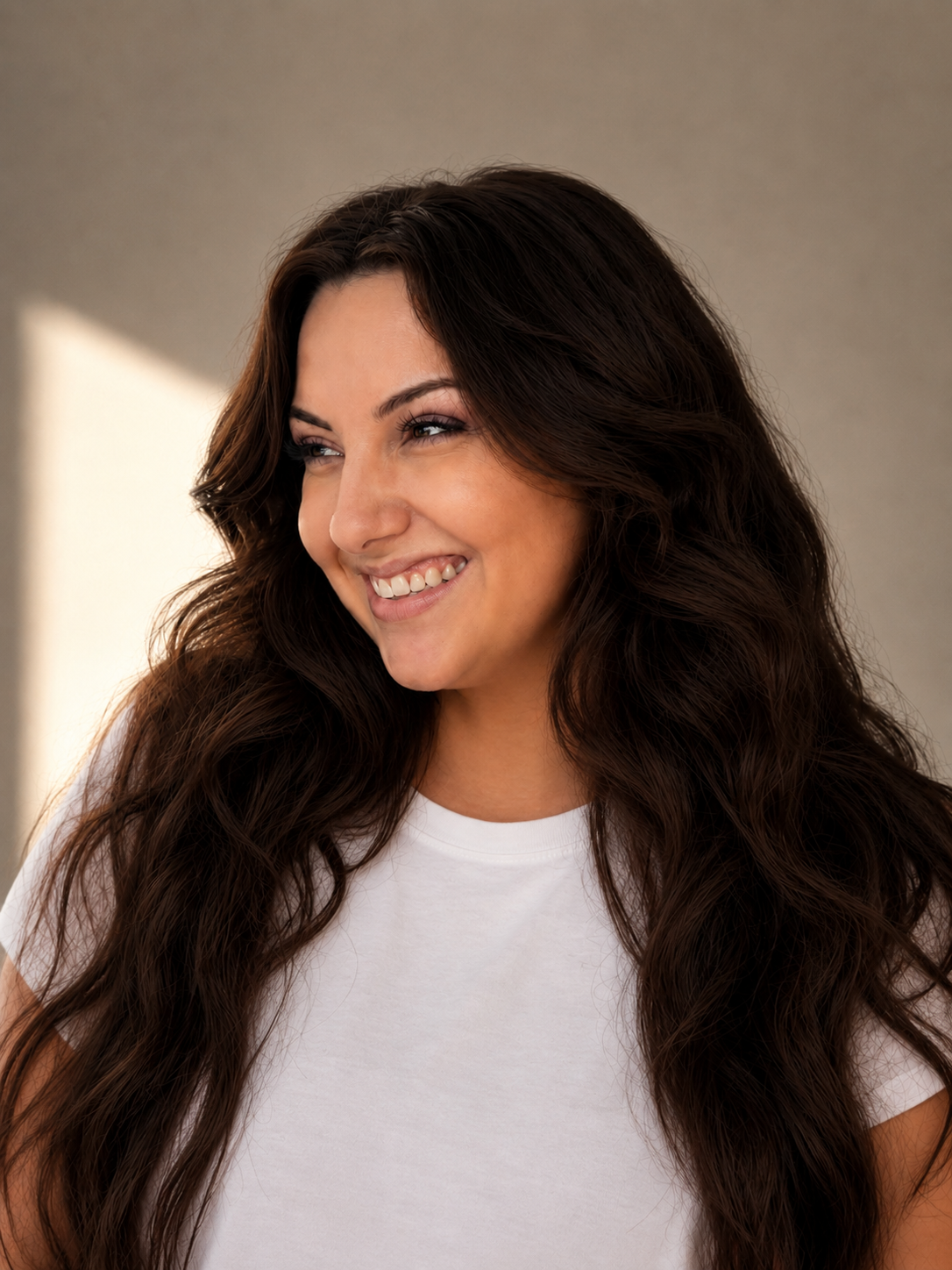 A woman with long, wavy brown hair smiling and looking to the side, wearing a white t-shirt.