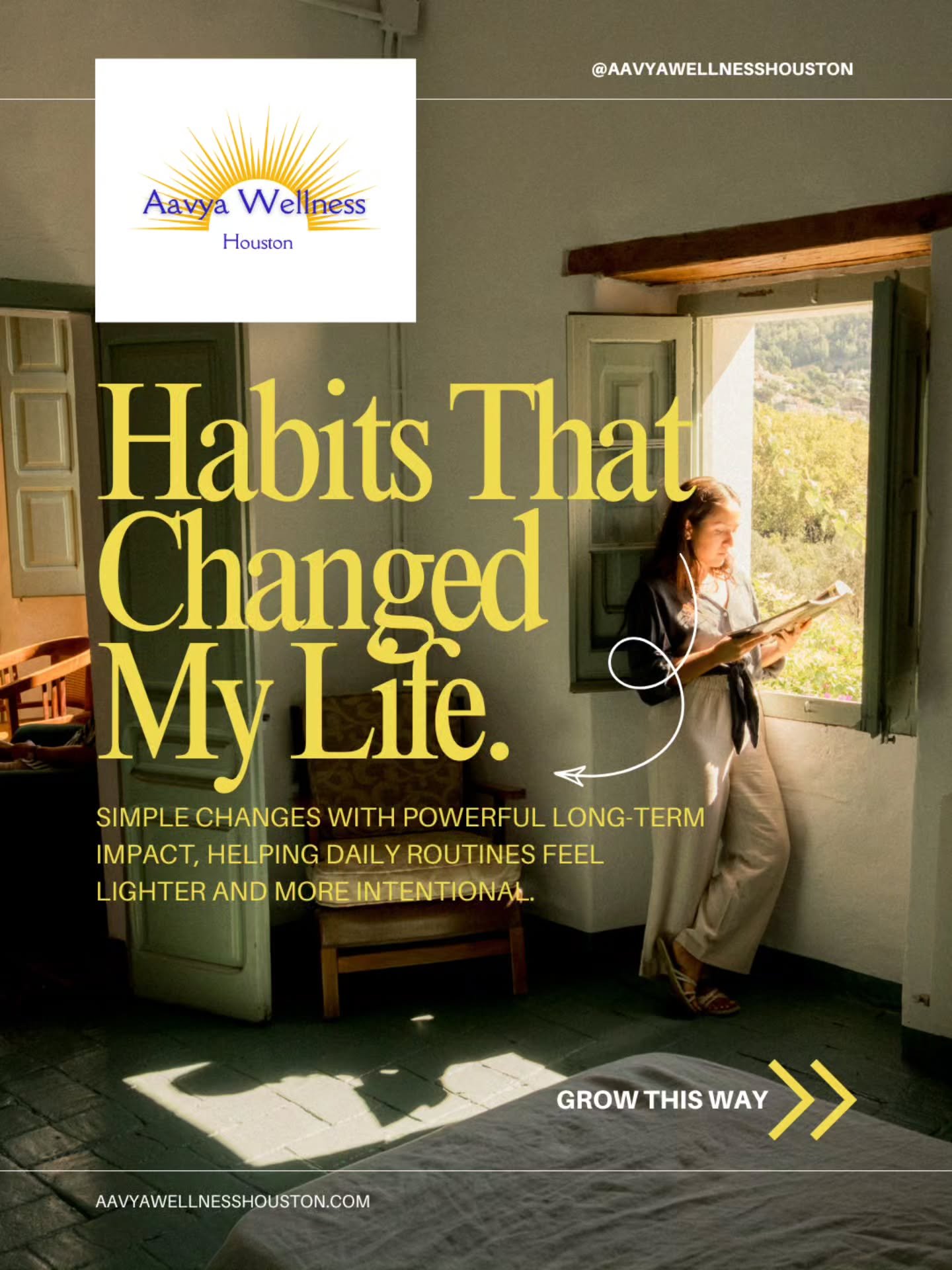 Small habits. Meaningful change.

A few quiet minutes. Intentional movement. Less digital noise. A moment to reflect.

Wellness is built in the choices we repeat. Which habit could you start today?

Grow this way.

#AavyaWellnessHouston #WellnessHabi