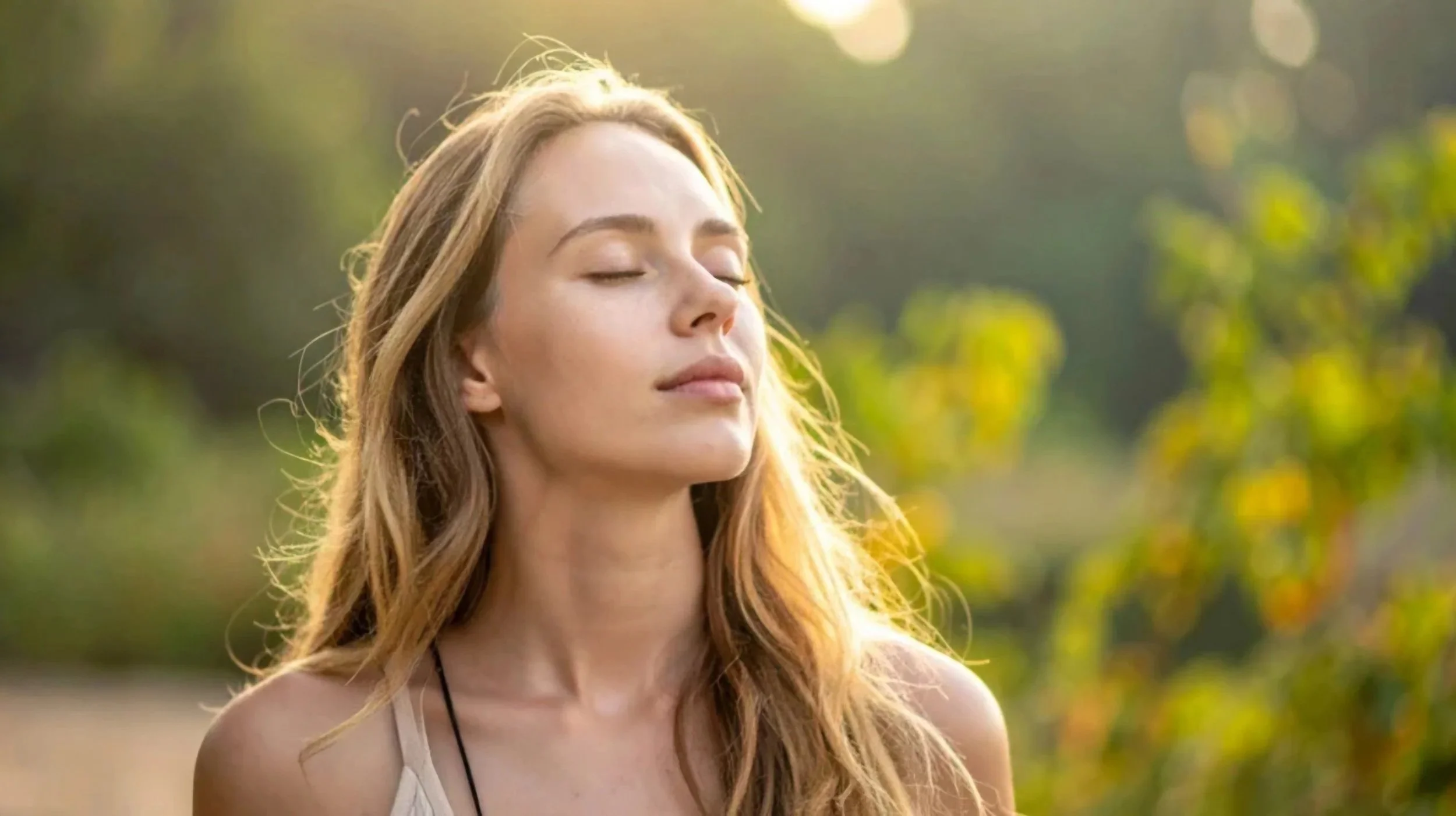 A young woman with long, wavy red hair and fair skin, eyes closed, enjoying sunlight outdoors with greenery in the background.