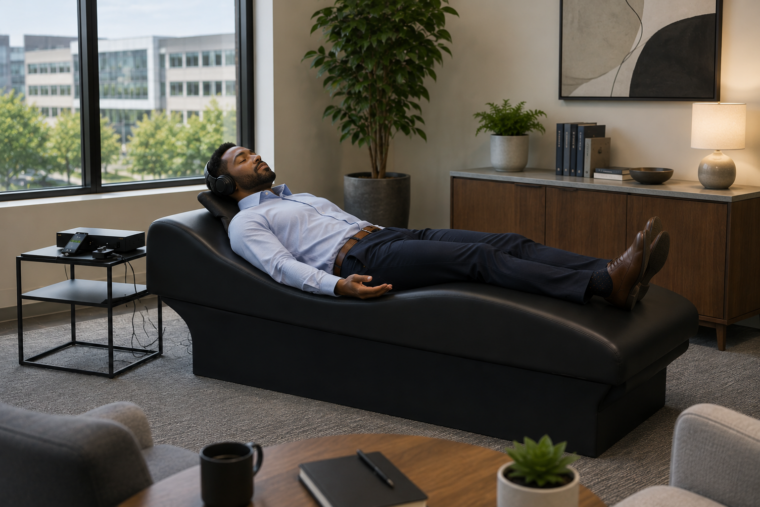 Man relaxing on a black chaise lounge chair, wearing headphones, in an office or lounge with large windows, a potted plant, and modern decor.