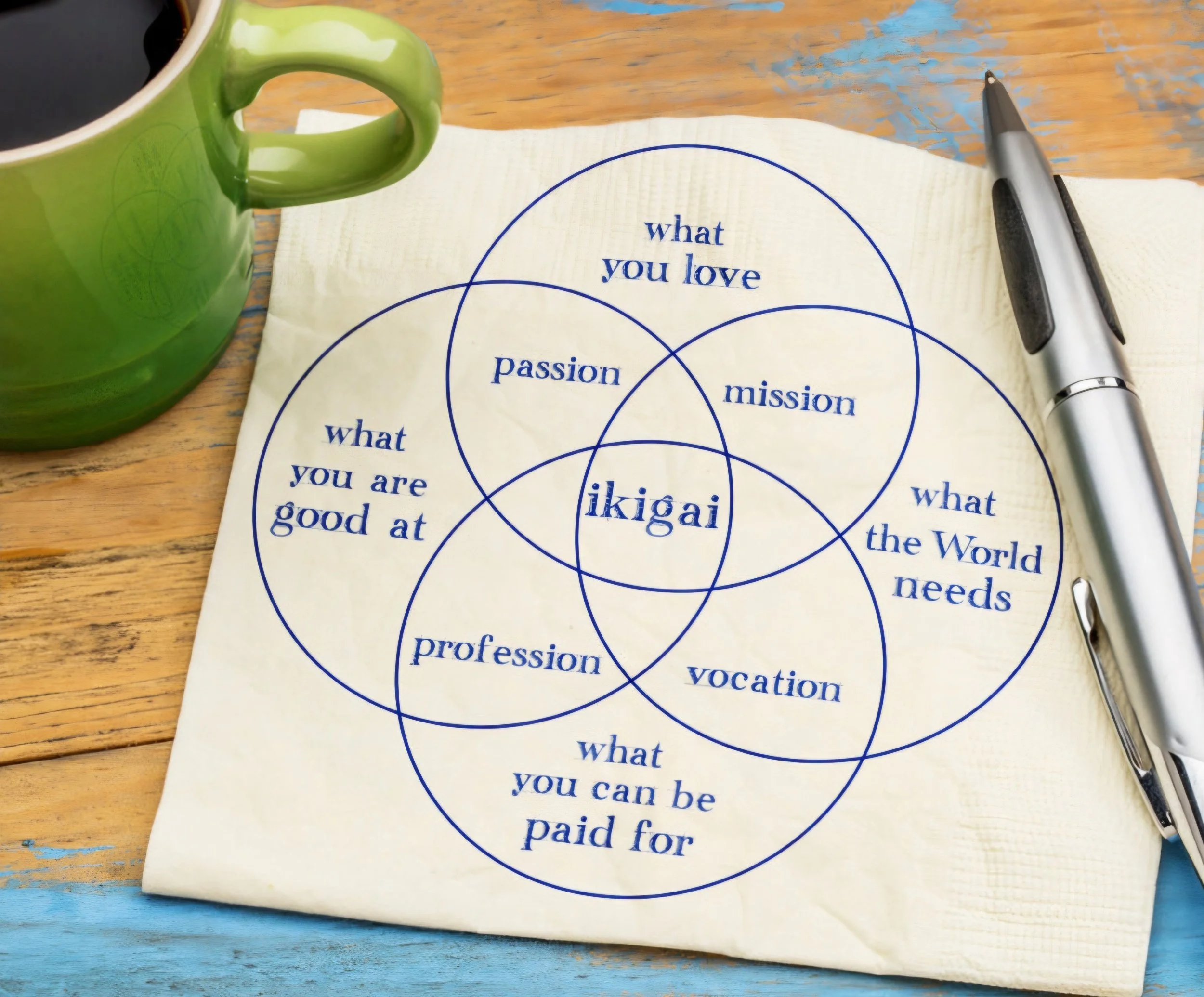 A piece of paper with a Venn diagram titled 'What you love' overlapping with other categories, on a wooden table. A black and silver pen rests on the paper, and a green coffee mug is partially visible on the left.